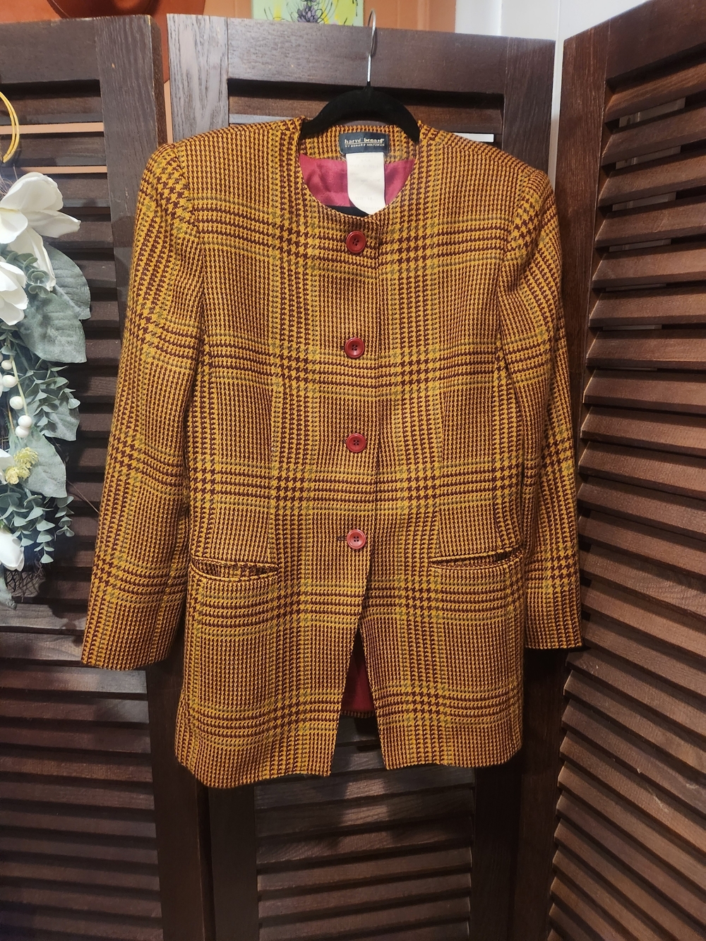 Harve Benard Mustard & Black Plaid Blazer with Red Buttons
